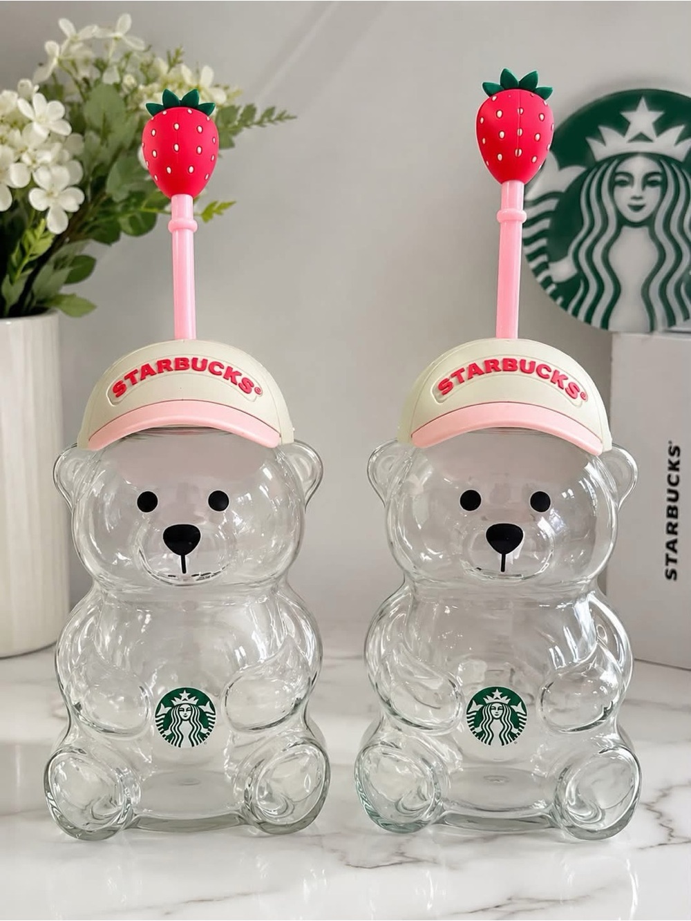 Starbucks Clear Bear Kids Bottle with Pink Cap and Red Strawberry Straw